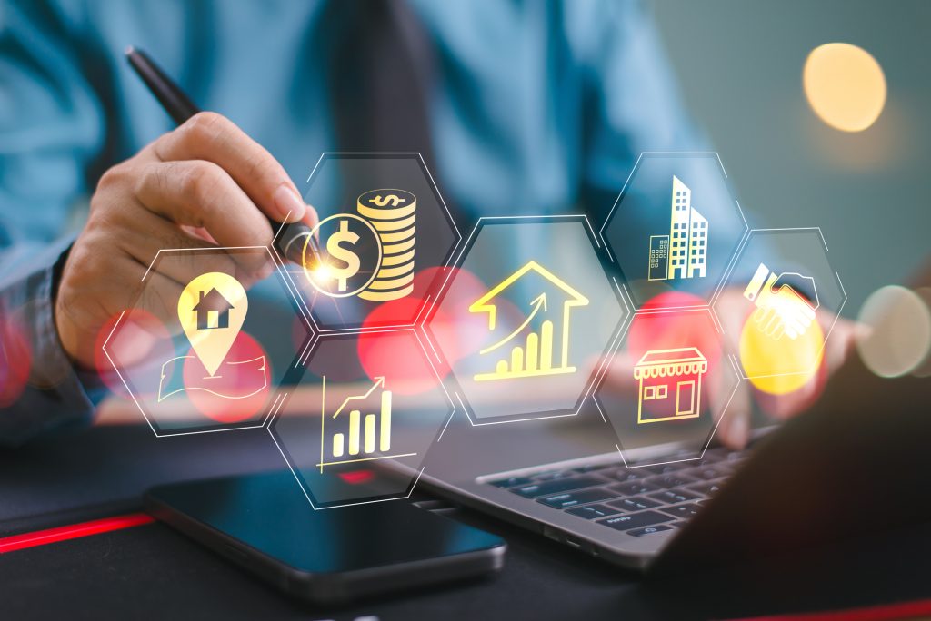 Real estate investment market, digital banking service solution, financial technology concept. Man use computer laptop search digital bank icons. Modern online payment systems, e-commerce currency